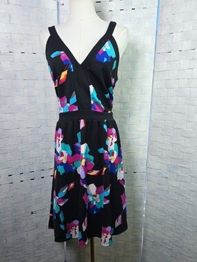 Nicole Miller  Black V-Neck Midi Dress with Multicolor Floral Geometric Print